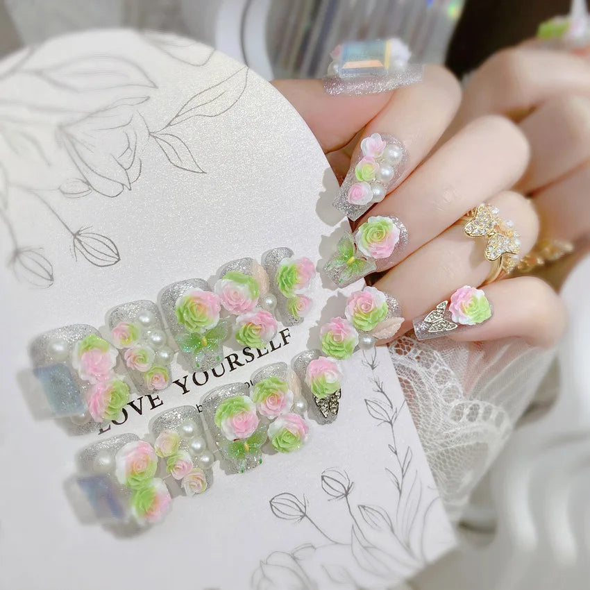 Pink 3D Flower & Metal Bow Press-On Nails – Almond, 24 Pcs