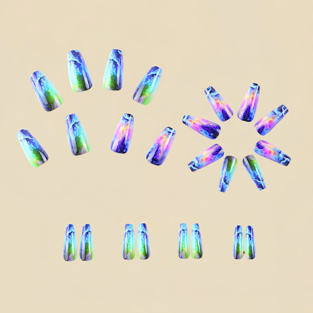 Medium long fake nails for women gradient green purple blue colors print Y2K ballet shape full cover press on Artificial Nails