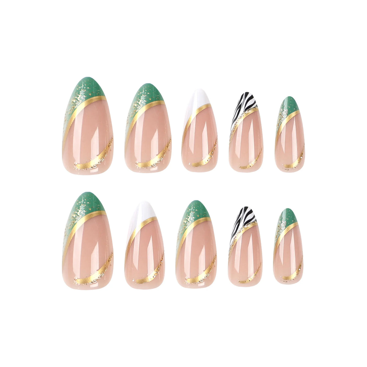 Medium fake nails for women girls nude almond nail tips with green brown leopard print french style golden strips press on nails