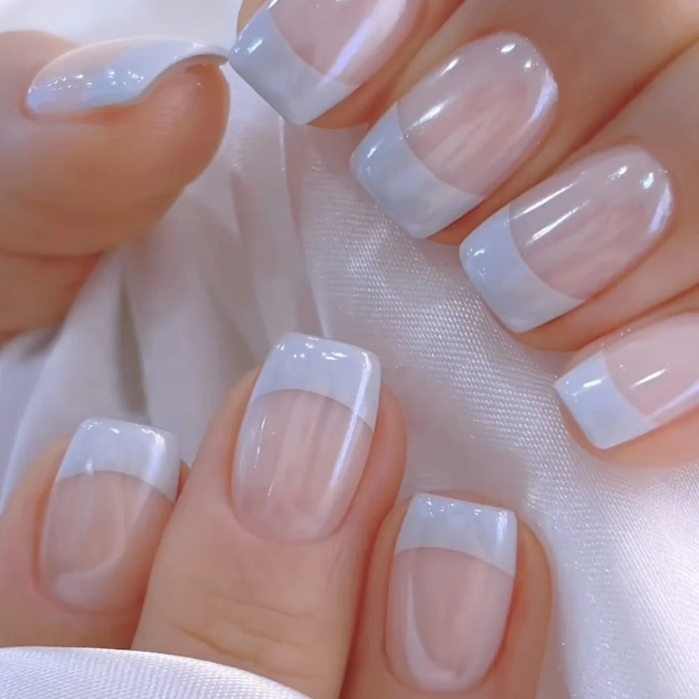 Short Medium Square fake nails pearl shimmer Minimalist french style white pink grey blue edge full cover press on false nail