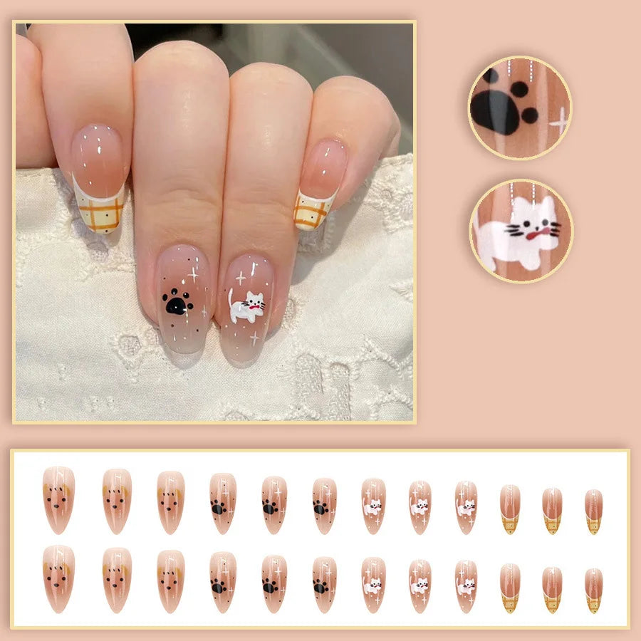 Short Medium fake nails for women gilrs nude beige gradient brown kawaii cartoon cute cat footprint almond square press on nail