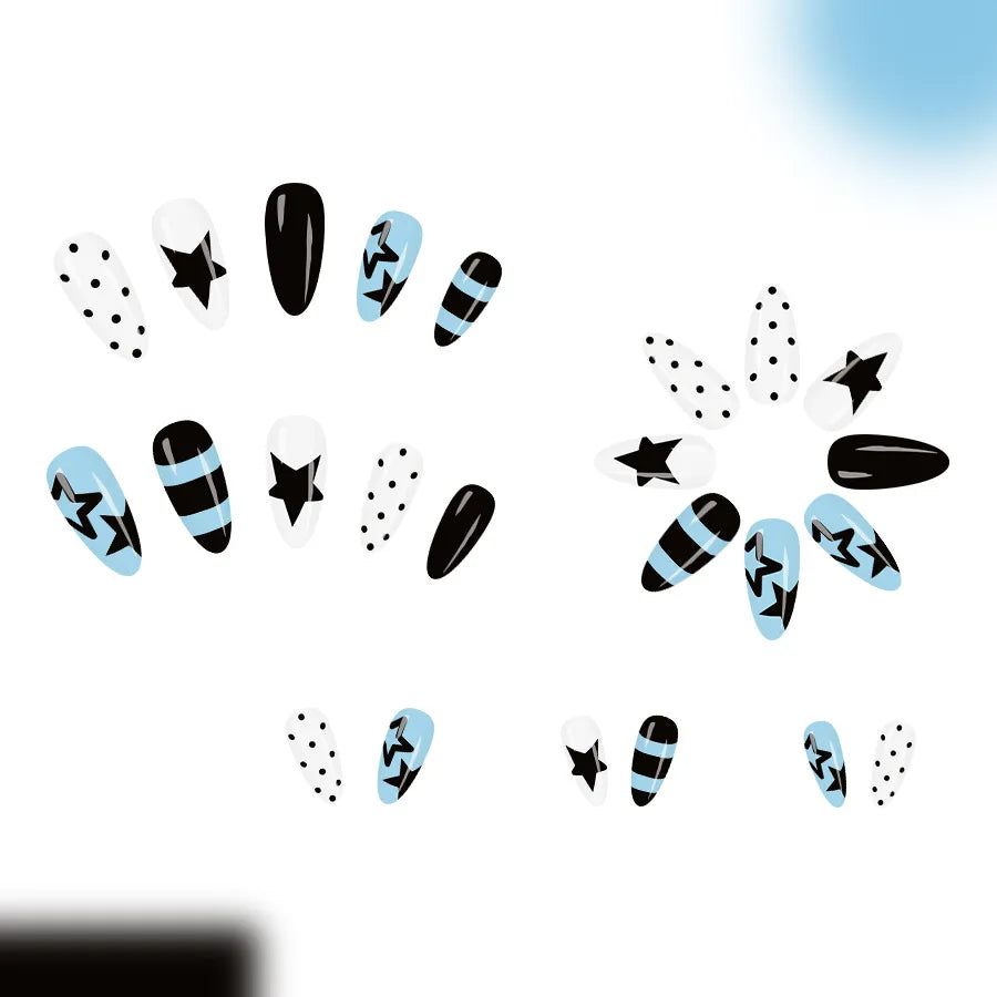 Blue & Black Stripe Star Polka Dot Press-On Nails – Almond, 24 Pcs