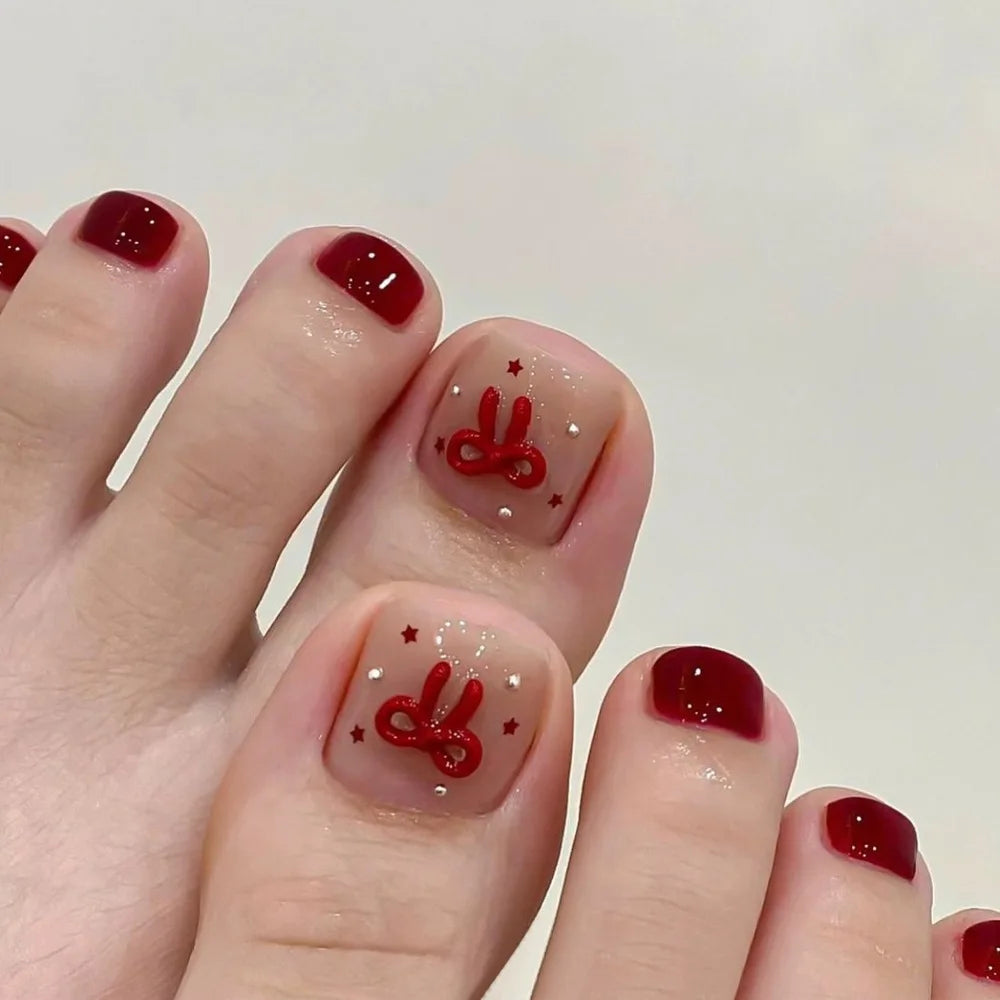 Red Bow & Star Rhinestone Press-On Toenails – Short Square, 24 Pcs