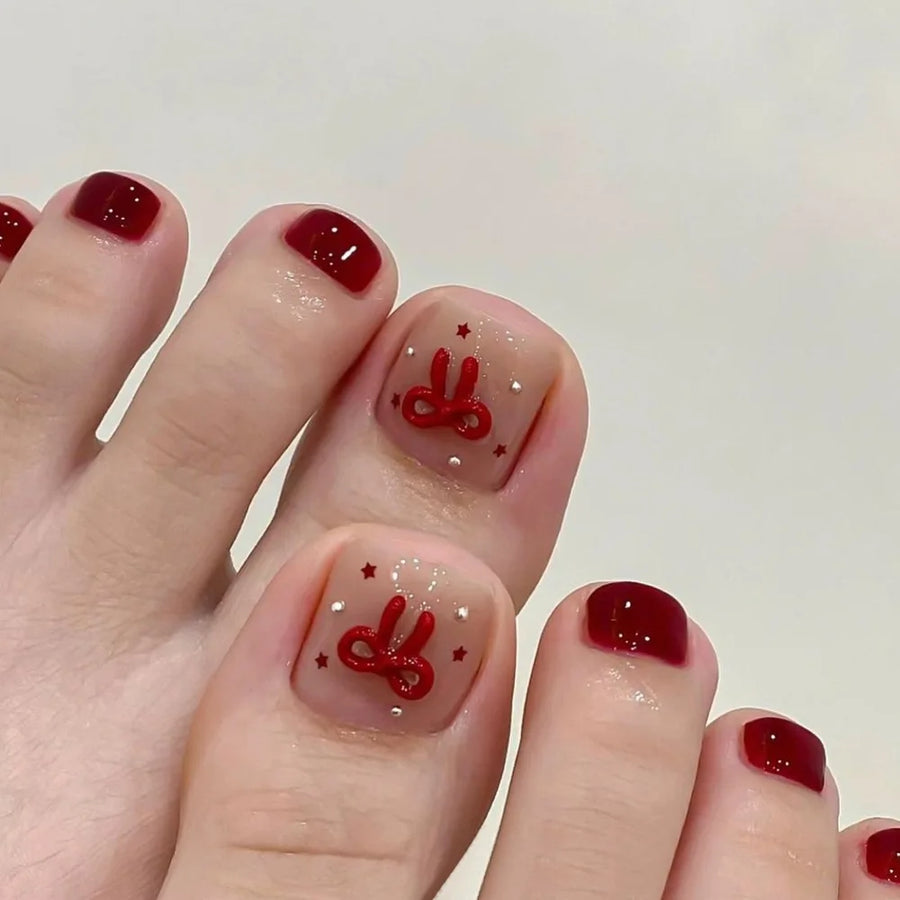 Red Bow & Star Rhinestone Press-On Toenails – Short Square, 24 Pcs