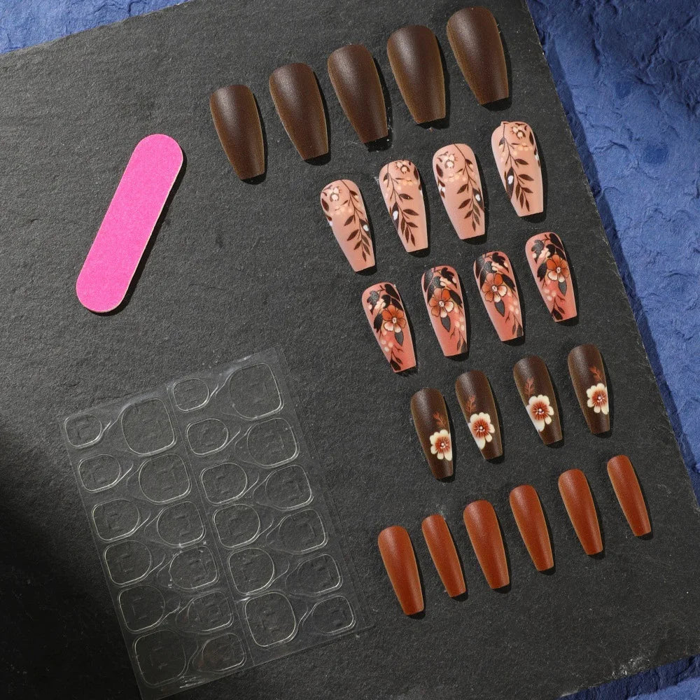 Medium fake nails for women coffee brown colors nail tips with flowers design ballet shape full cover reusable press on nails