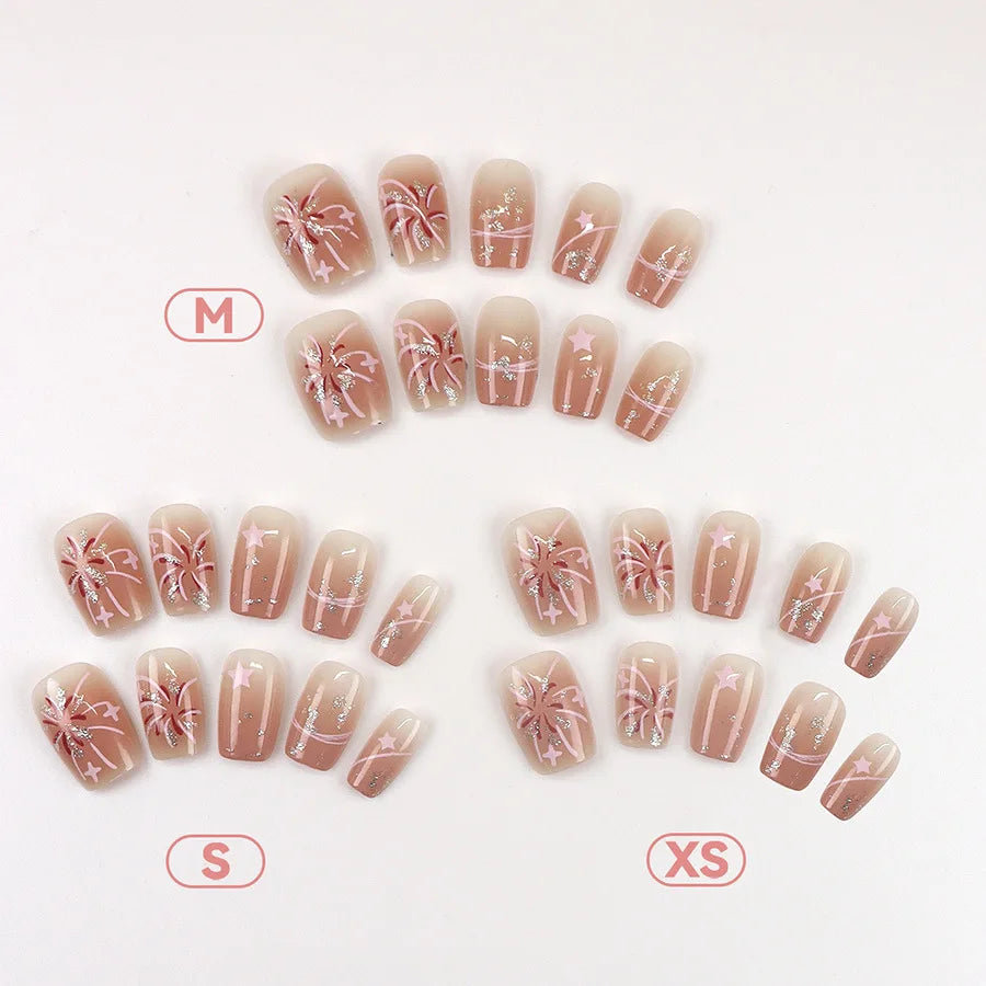 Medium Square fake nails for women girls gradient pink purple blue firework design for New year french tips press on false nail