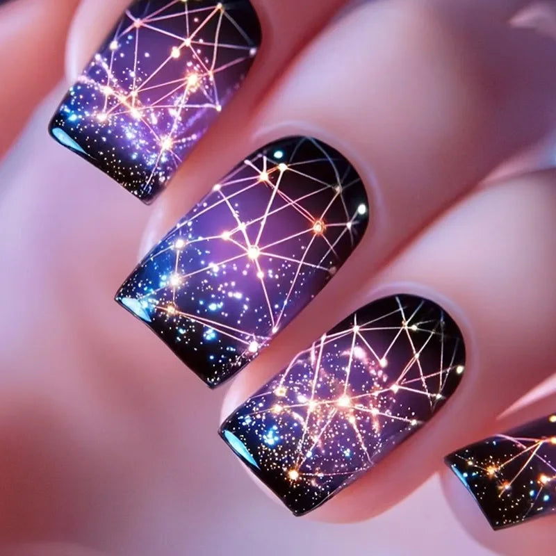 Medium fake nails for women glitter golden silver stars gradient nude purple black almond square nail tips press on false nail