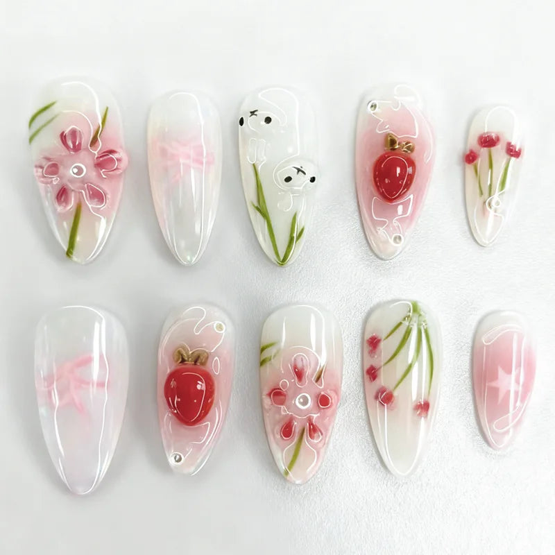 Rabbit & Strawberry Red French Press-On Nails – Almond, 30 Pcs