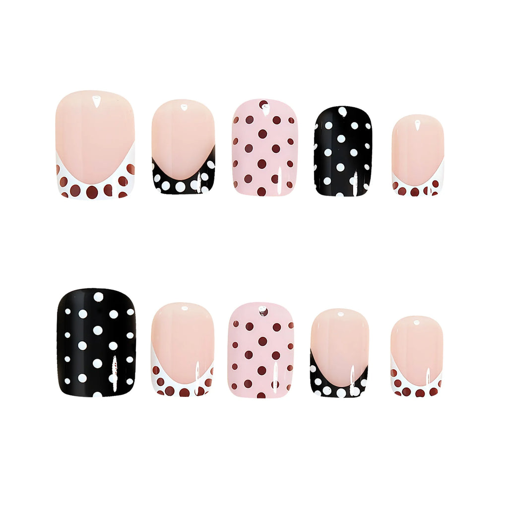 Short Square fake nails for women girls cute pink black white colors fashion polka dots design french style press on false nail