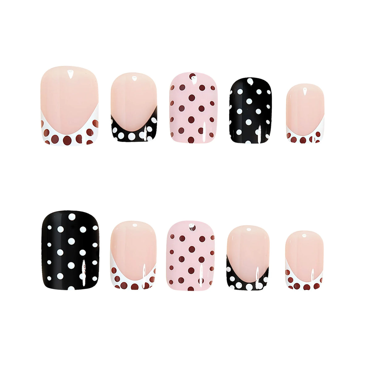 Short Square fake nails for women girls cute pink black white colors fashion polka dots design french style press on false nail