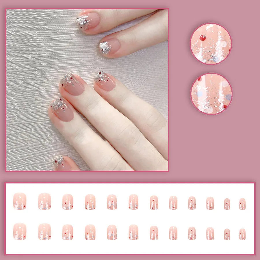 Short fake nails for women girls nude pink with Sparkling glitters design full cover square nail tips press on false nail art