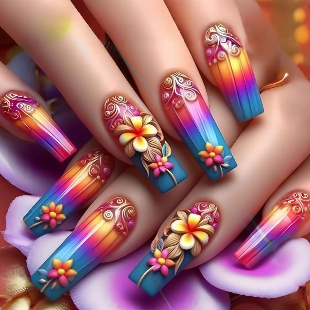 Y2K Purple Blue Yellow Green Flower Press-On Nails – Autumn/Winter, Medium Long, 24 Pcs