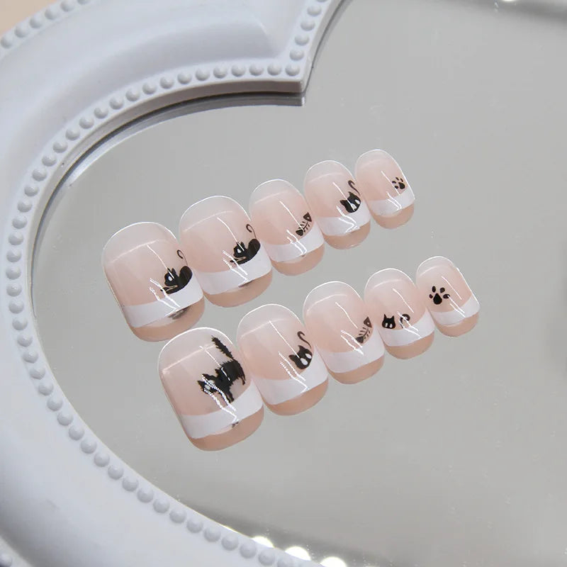 Halloween Black Cat French White Tip Press-On Nails – Short Square