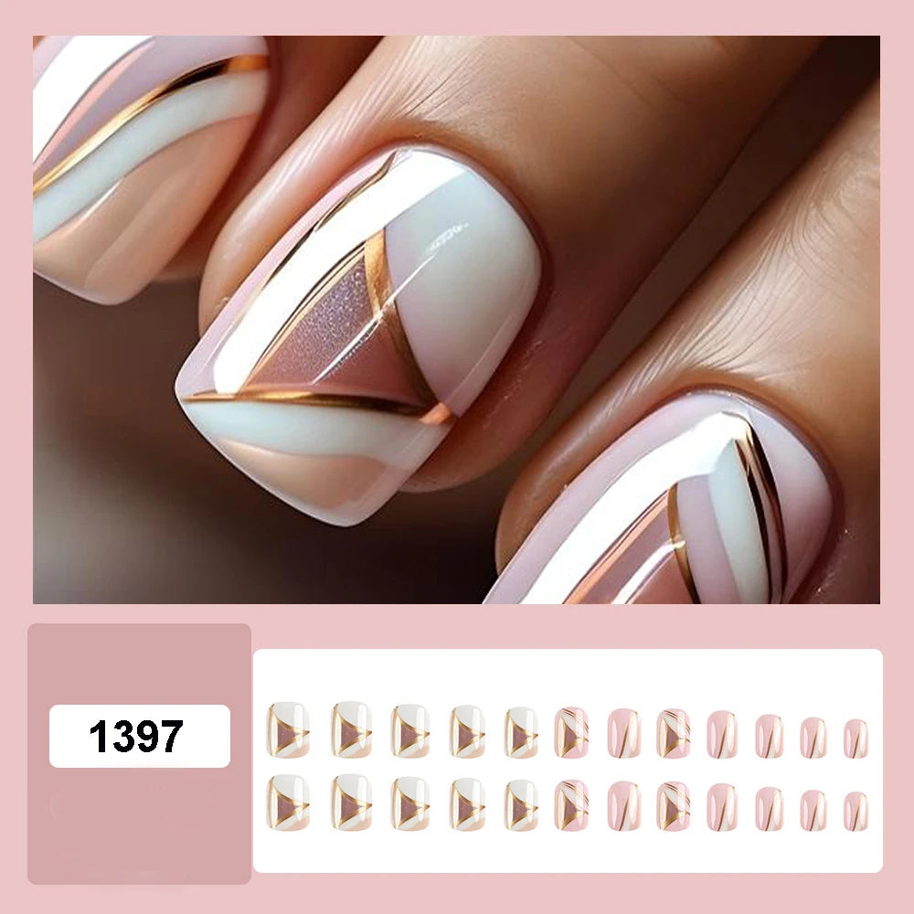 Short fake nails for women creamy white dusty pink lavender purple soft orange with champagne golden strips press on false nails