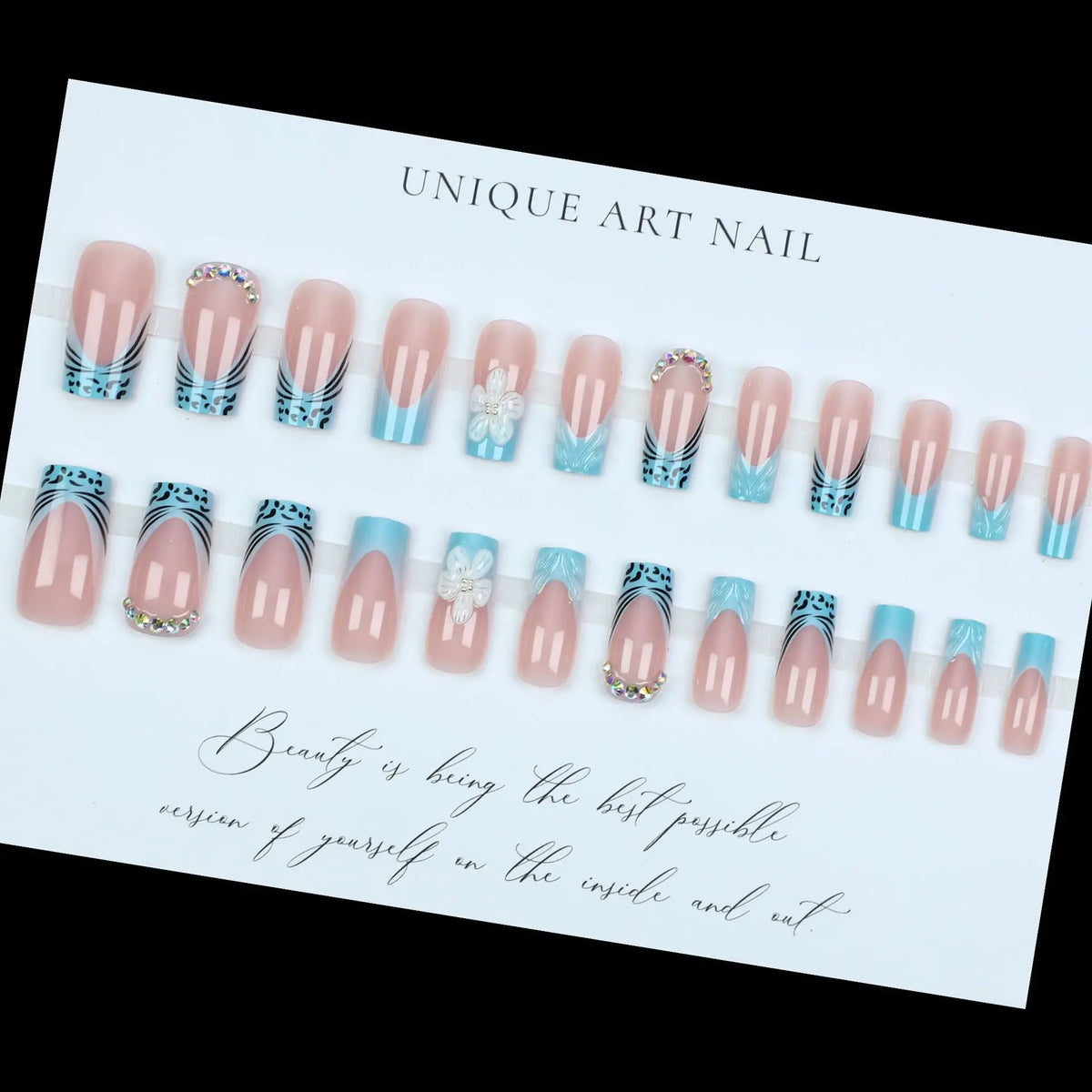 Medium fake nails for women gilrs 3D embossed flowers orange blue colors for Spring summer french style press on false nail art