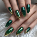 Medium fake nails for women girls full cover green nude nail tips with sparkling glitter square almond shape press on false nail