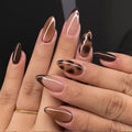 Nude brown fake nails for women gilrs leopard print glossy french Medium almond nail tips full cover press on acrylic false nail
