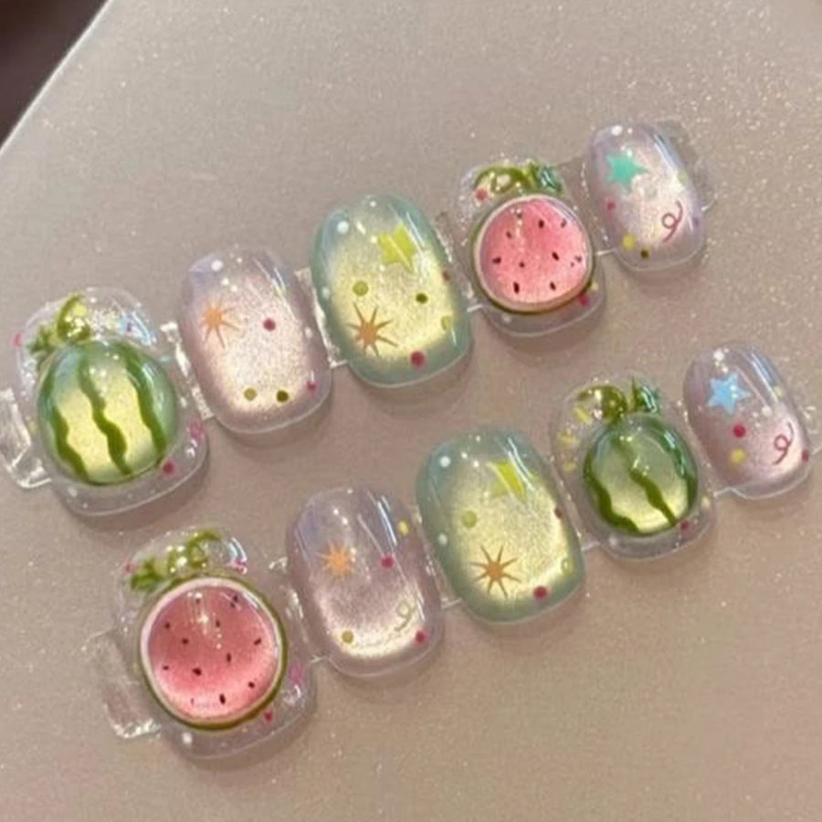 Watermelon & Star Jelly Press-On Nails – Short Round, 24 Pcs