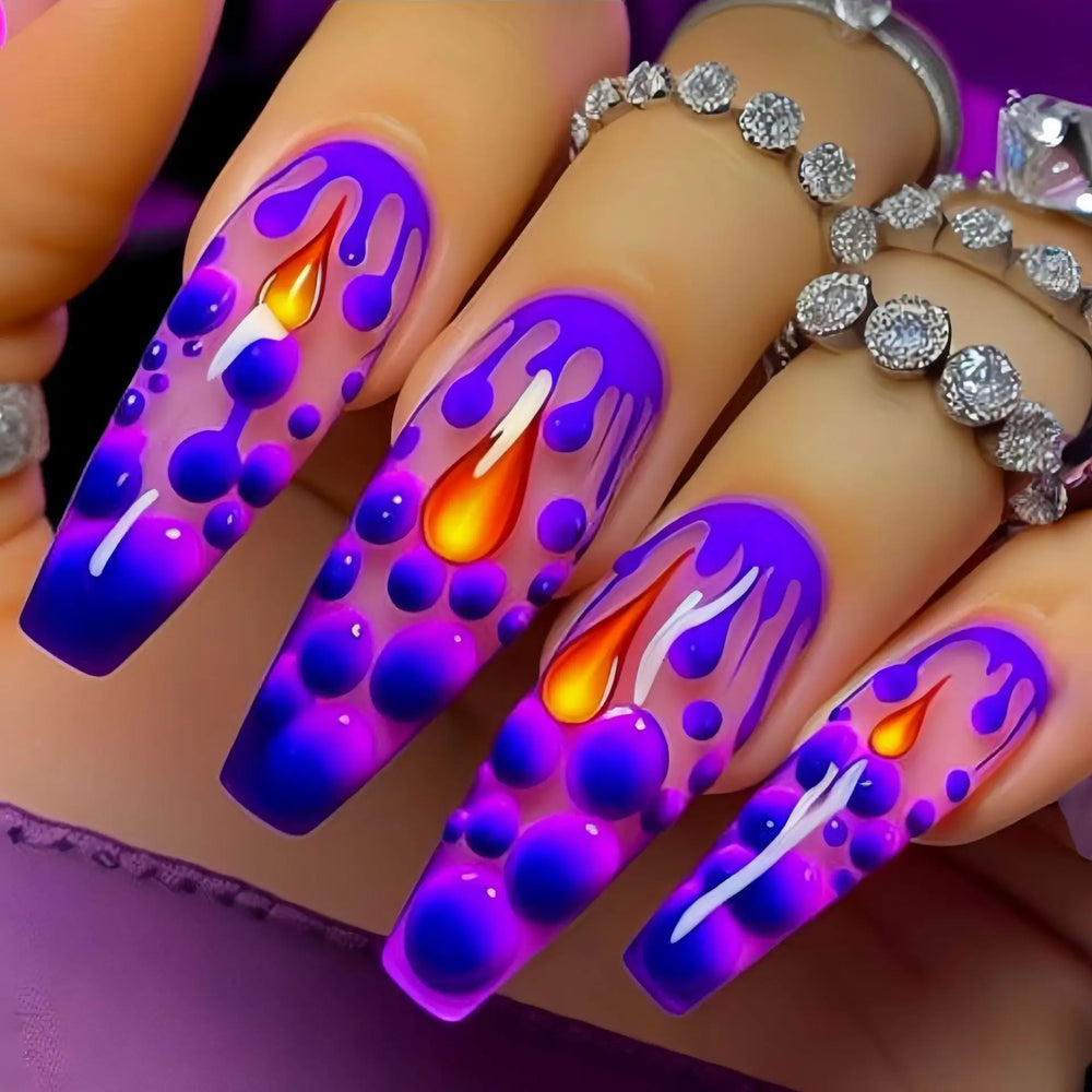 Purple Pink Blue Leopard Flame Y2K Press-On Nails – Square Ballet, Short/Medium/Long
