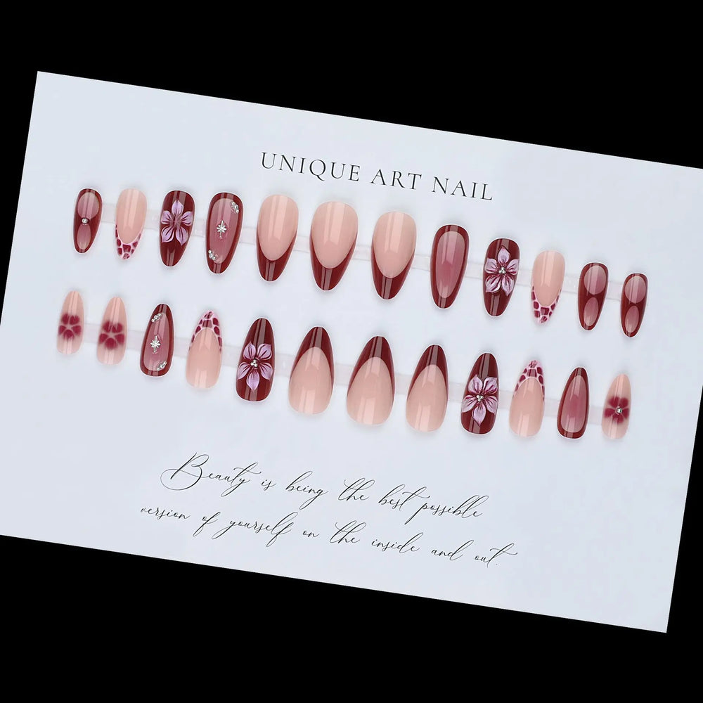 Nude Red Floral Rhinestone Press-On Nails – Medium Square, 24 Pcs