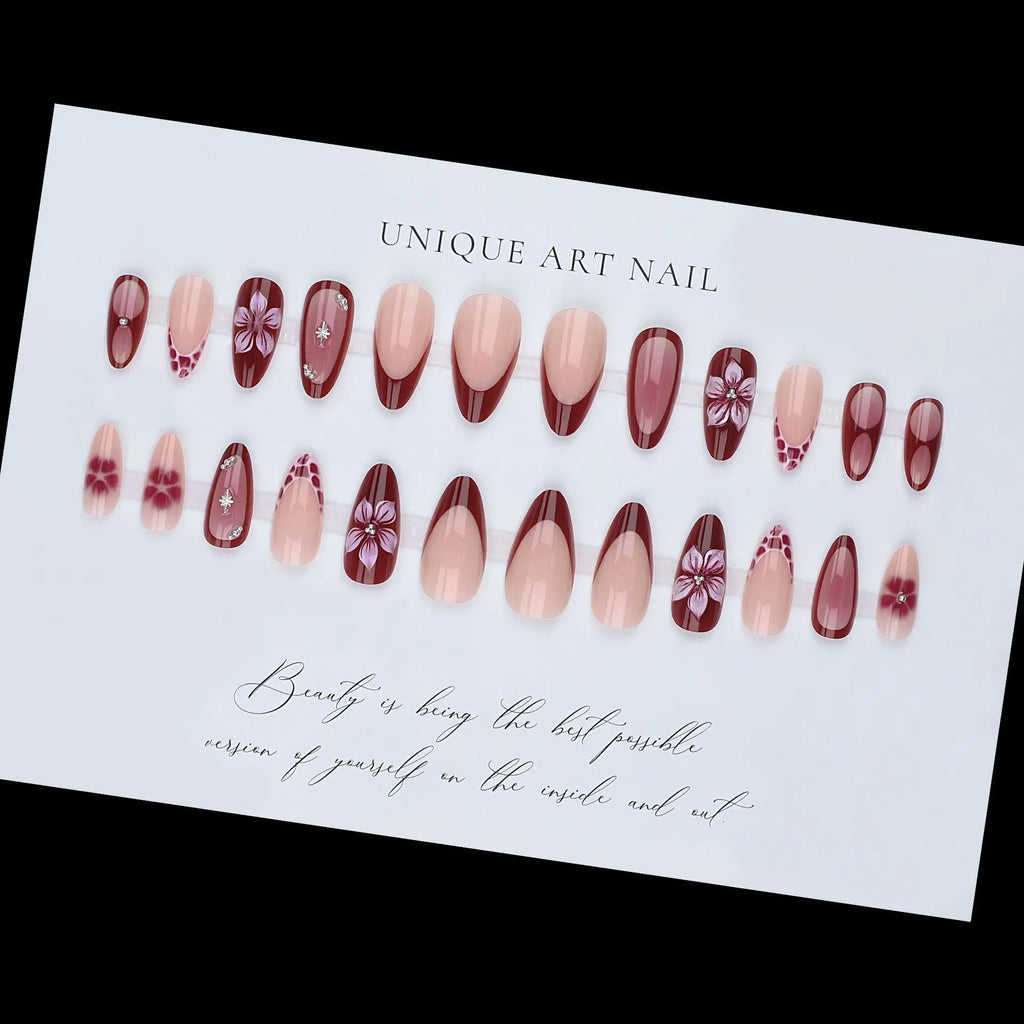 24pcs/set Medium fake nails for women Nude red colors with flowers with rhinestones full cover reusable press on false nail