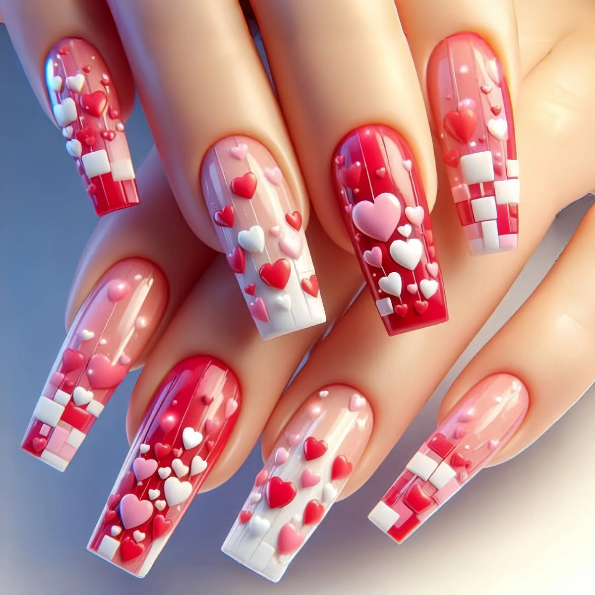 Long Gradient Pink And Red Heart square Shaped Nail Tips Press-On Fake Nails for Valentine's Day Wedding glossy Nail Art set