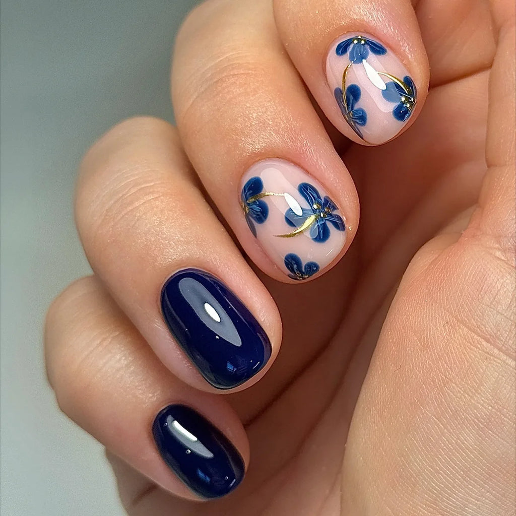 Short Square Fake Nails for Women Girls Spring Summer Flowers in Deep Blue Golden Colors Full Cover Press On Acrylic False Nail