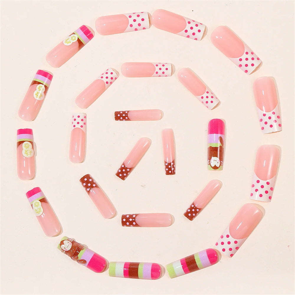 Cartoon Monkey & Banana Macaron Stripe Press-On Nails – Square, 24 Pcs