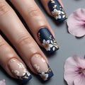 3D golden plated fake nails Medium square shape Spring summer flowers pink white blue black red full cover tips press on nail