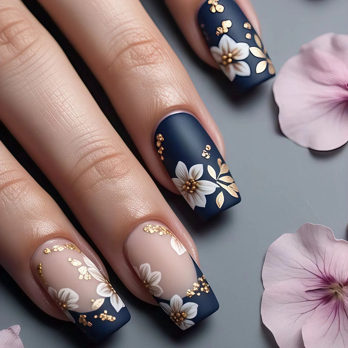 3D golden plated fake nails Medium square shape Spring summer flowers pink white blue black red full cover tips press on nail