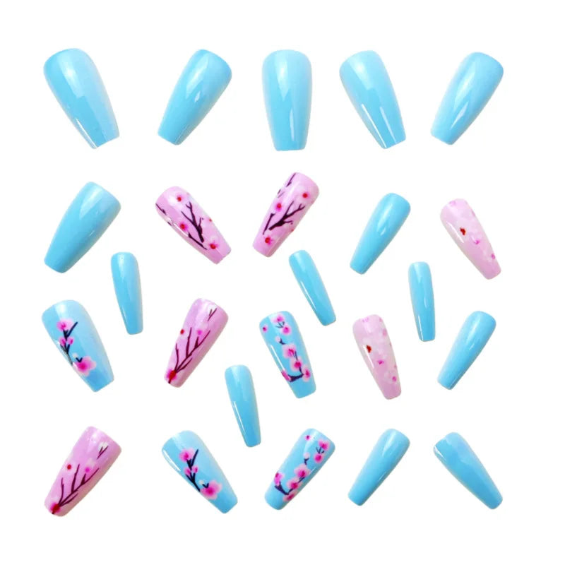 Medium long fake nails for women Blue Pink colors with flowers print glossy ballet nail tips full cover press on false nail set