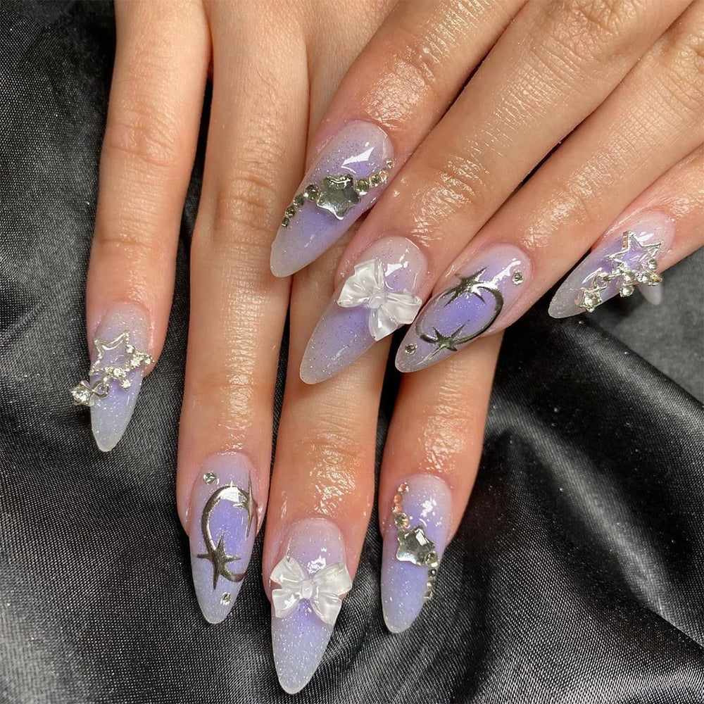 Pink Glossy Y2K Metal Star French Press-On Nails – Almond, 24 Pcs