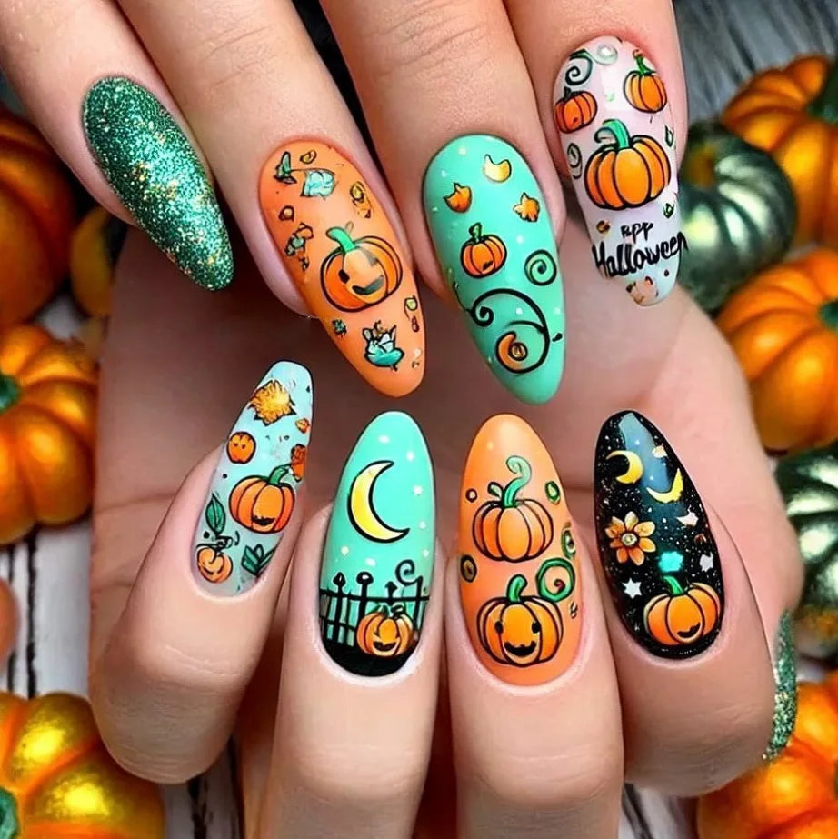 Halloween Spiral Star & Pumpkin Press-On Nails – Almond, 24 Pcs