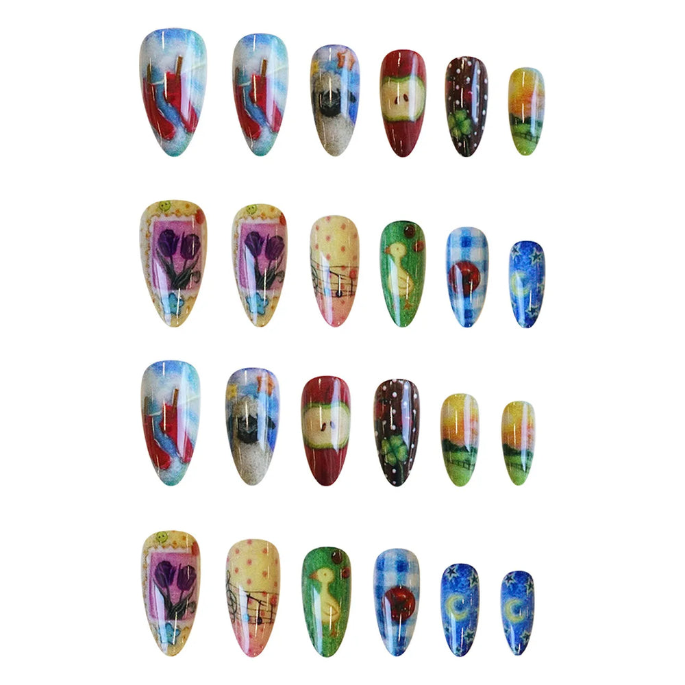 Cute Cartoon Oil Painting Press-On Nails – Almond, 24 Pcs