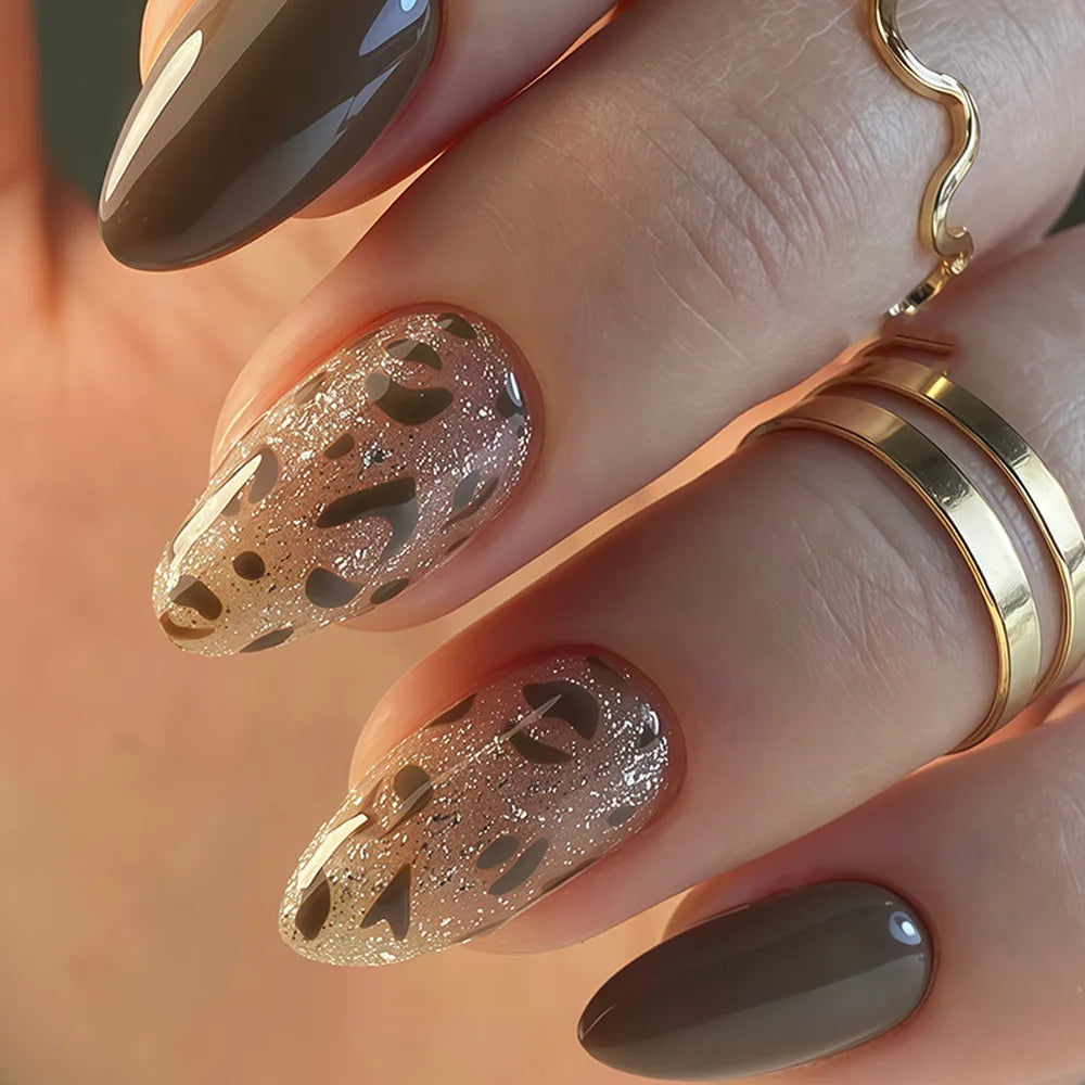 Black & Brown Leopard Glitter Almond Press-On Nails – 24 Pcs