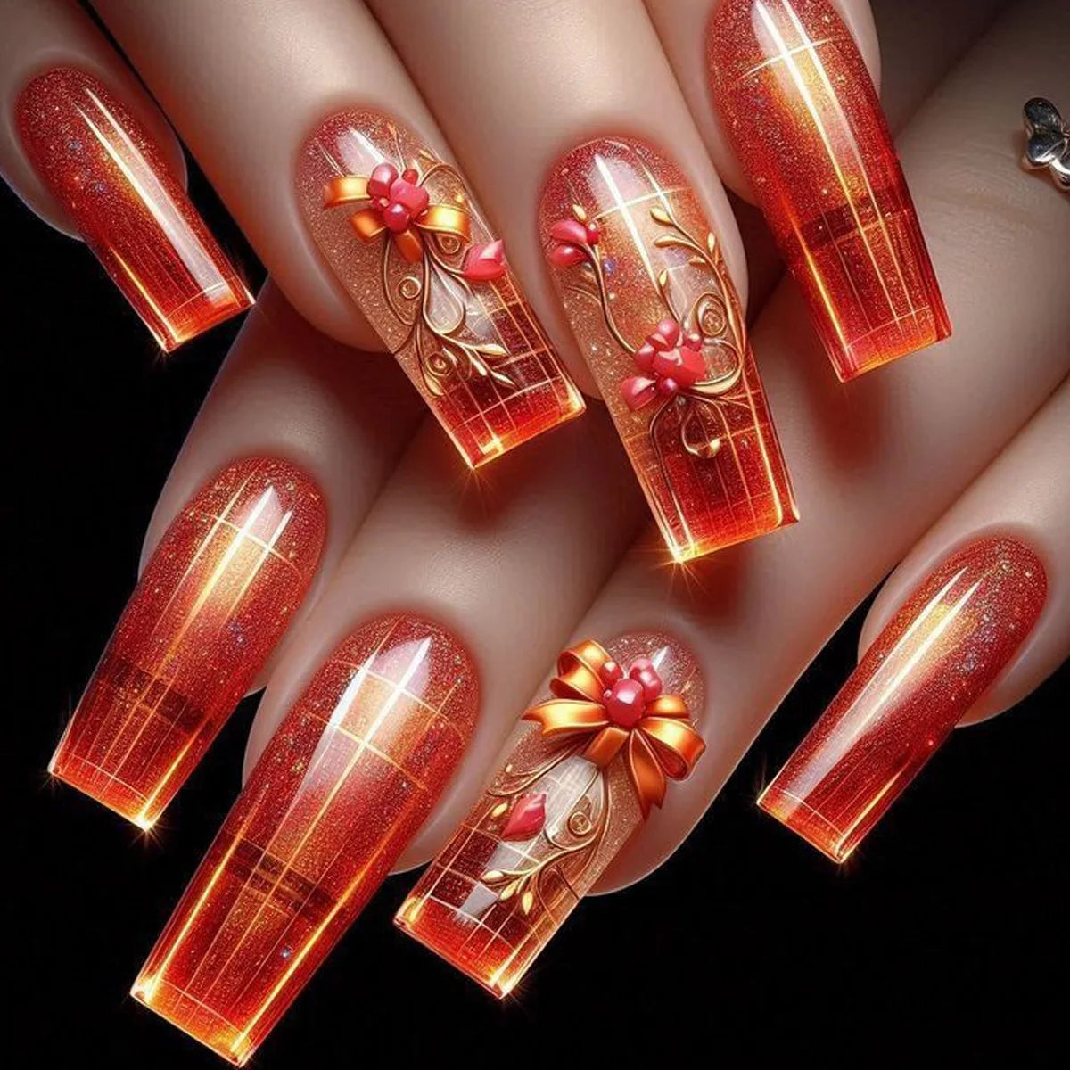 24pcs/set Medium Long Fake Nails for Summer Autumn Winter Gradient Purple Blue Starry Sky Sunset Flower Y2K Press On False Nails