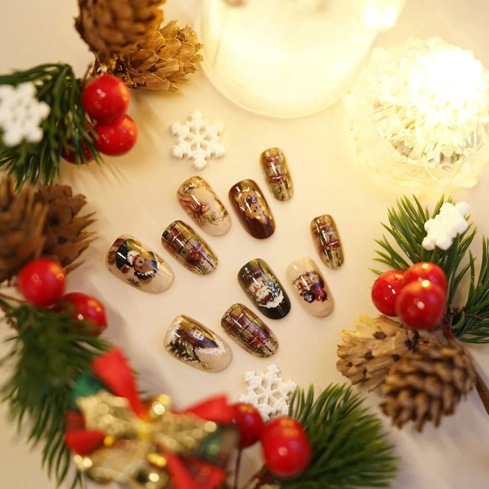 Christmas Bear & Santa Plaid Press-On Nails – Short Oval, 24 Pcs