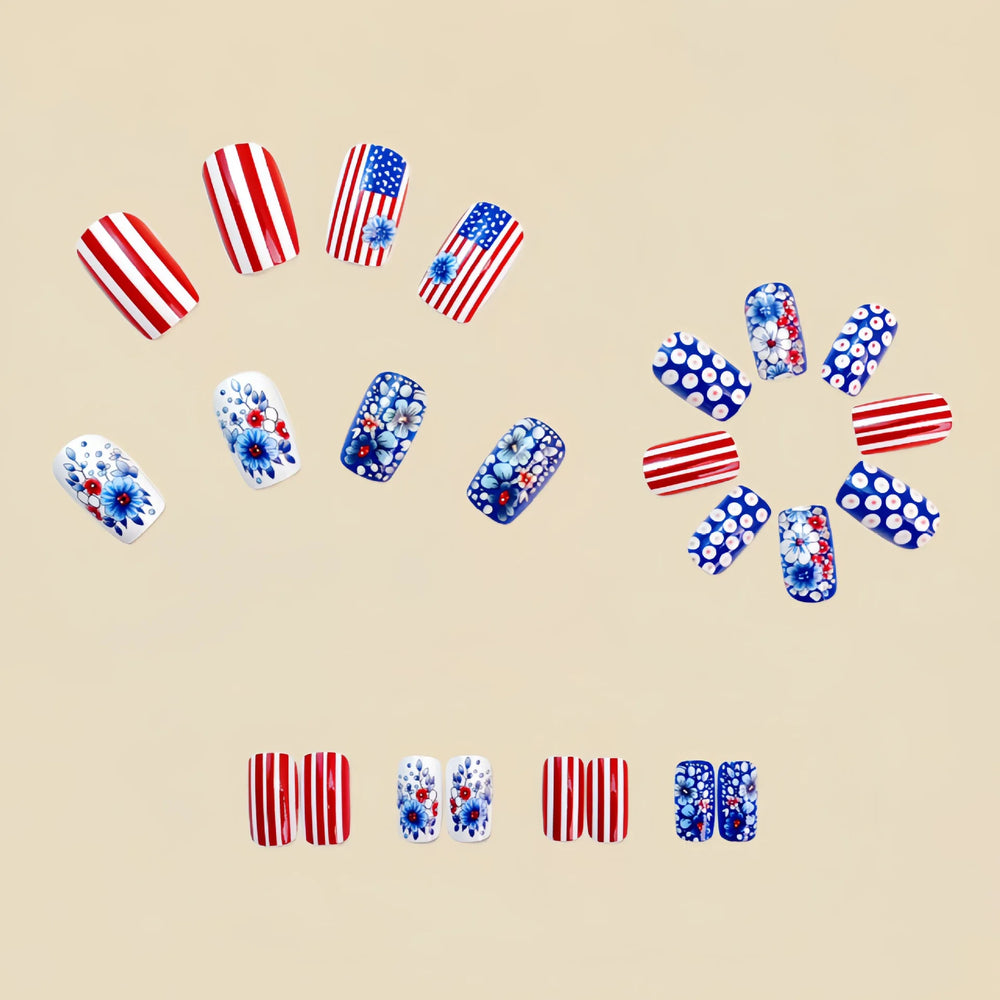 Red Blue Star & Stripe Independence Day Press-On Nails – Medium