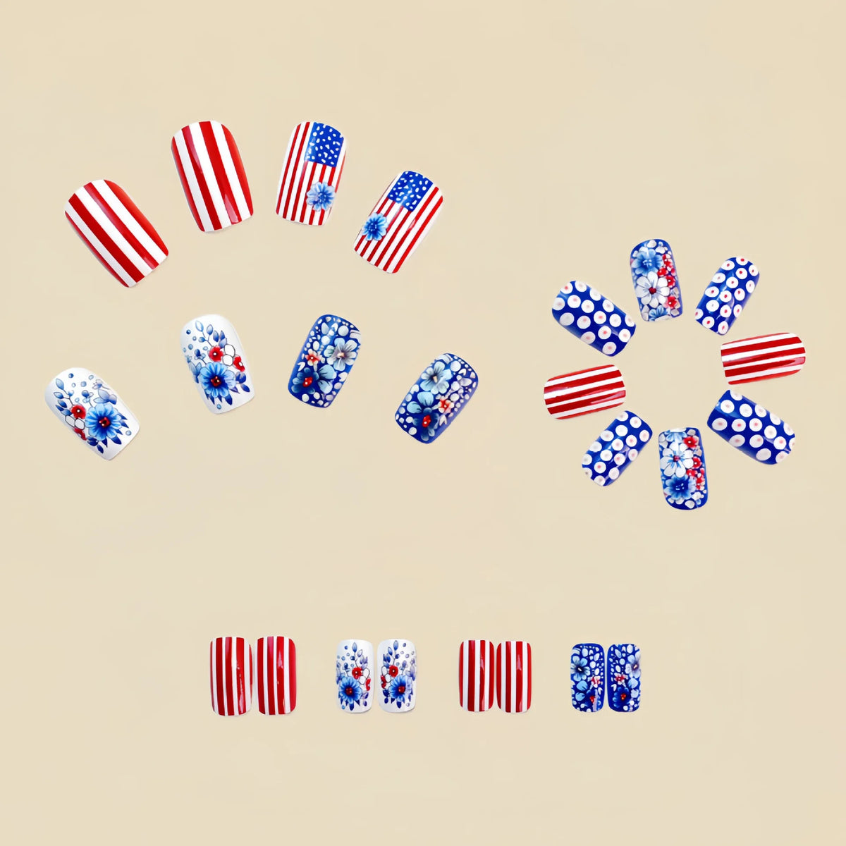 Medium fake nails fashion red blue strips star flowers design for Independence Day full cover press on acrylic false nail art