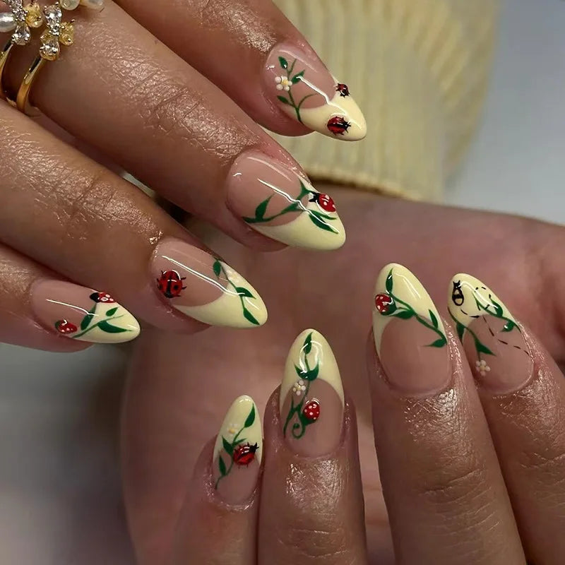 Hand-Painted Botanical Flower Press-On Nails – Almond, 24 Pcs