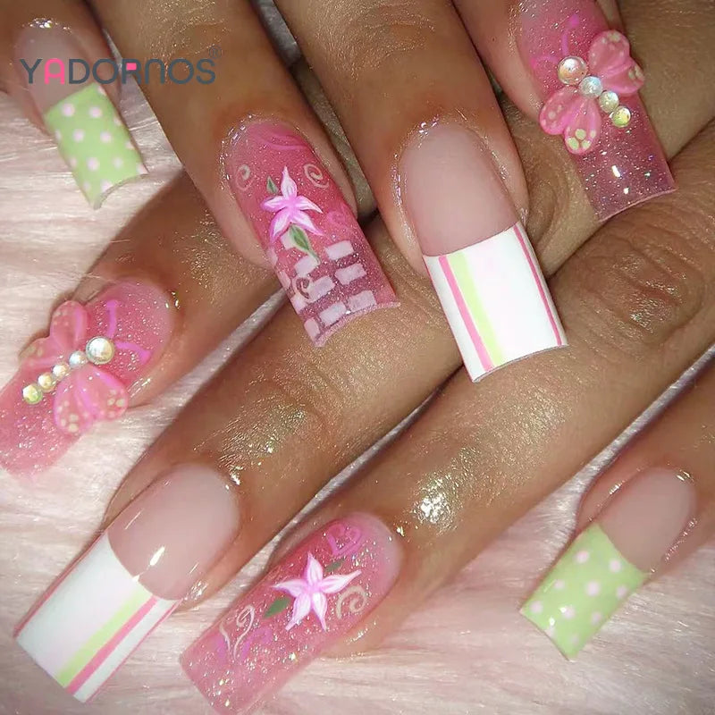 Pink Glitter Star & Bow Press-On Nails – Long Square, 24 Pcs