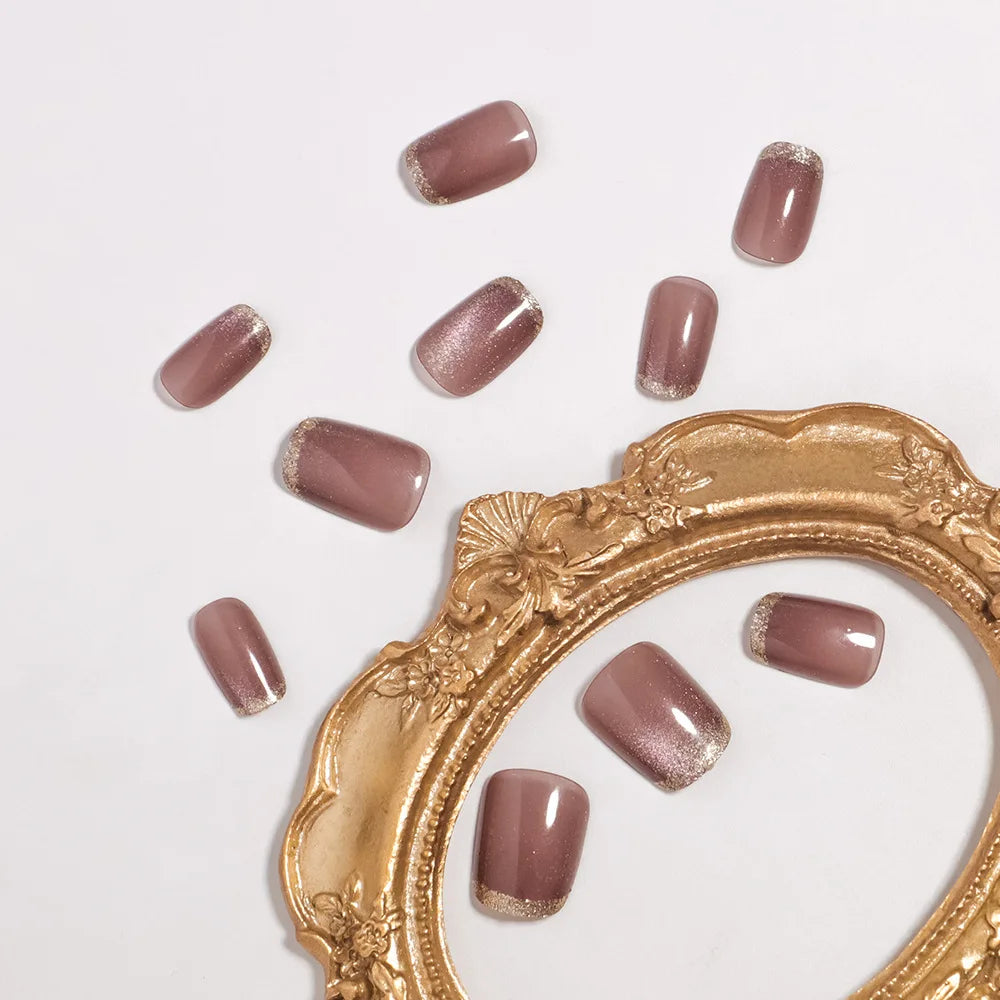 Short Square fake nails for women girls nude coffee cat eyes nail tips with golden glitter edge full cover press on false nails