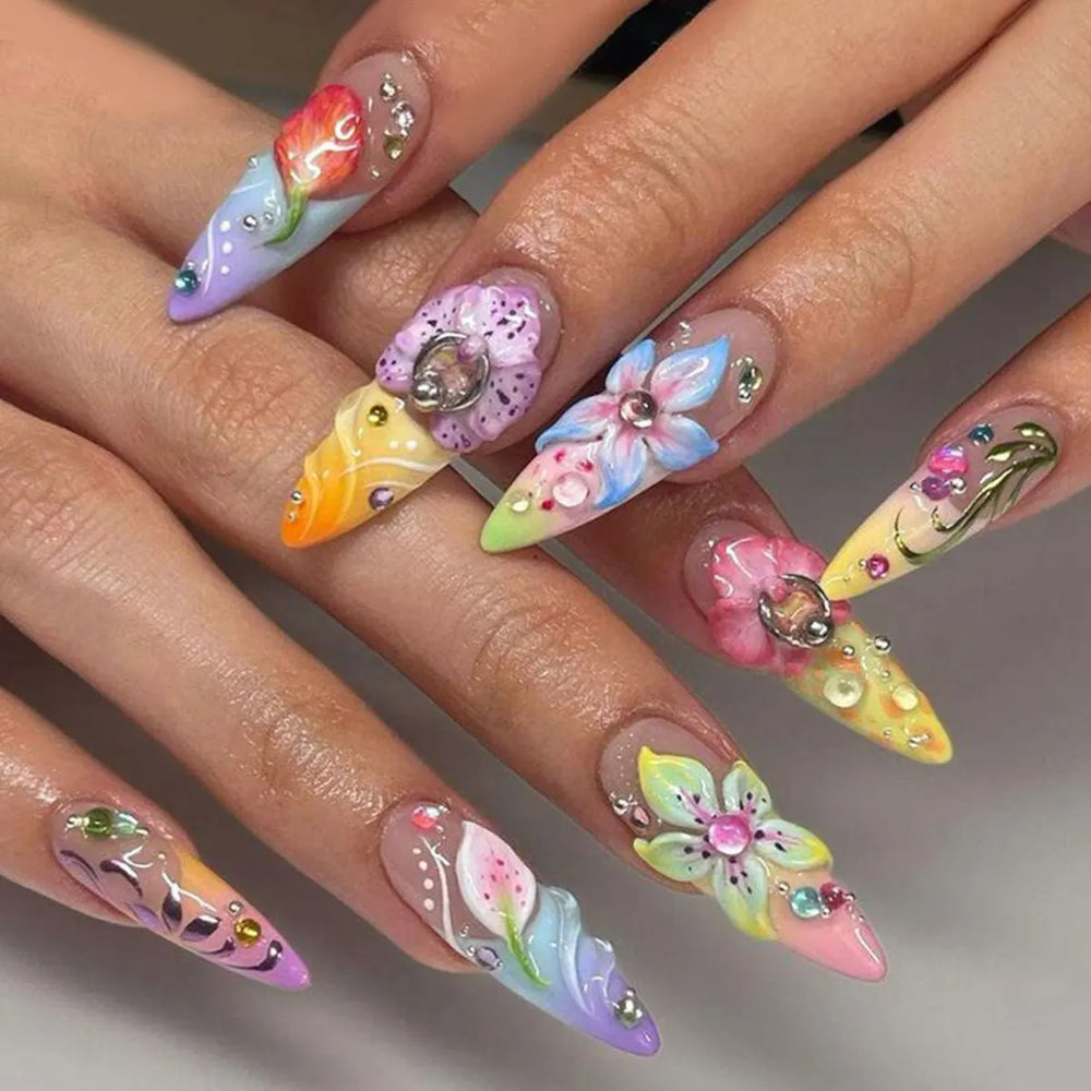 Hawaiian Tropical Flower Press-On Nails – Long Stiletto, 24 Pcs