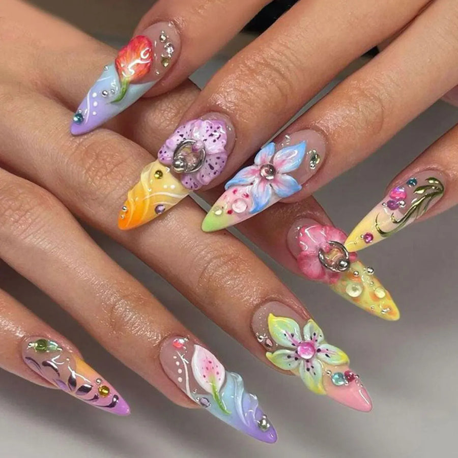 Hawaiian Tropical Flower Press-On Nails – Long Stiletto, 24 Pcs