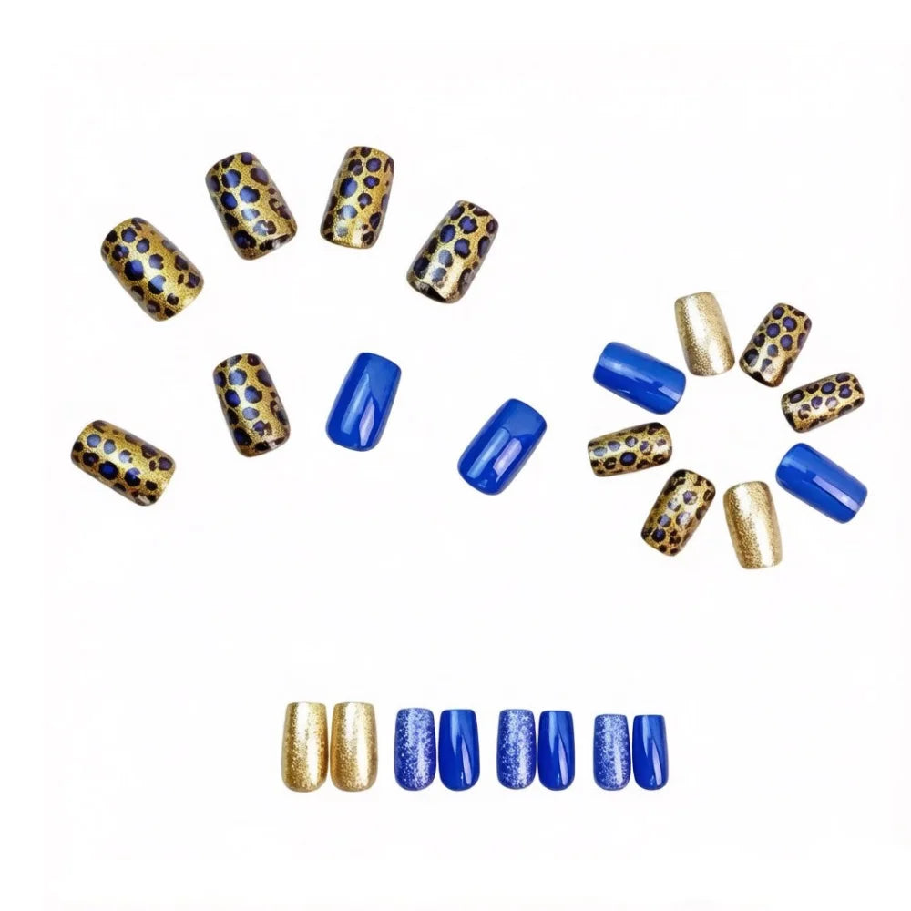 24pcs/set Short Medium fake nails for women dark blue yellow golden colors leopard print Square shape press on false nail art