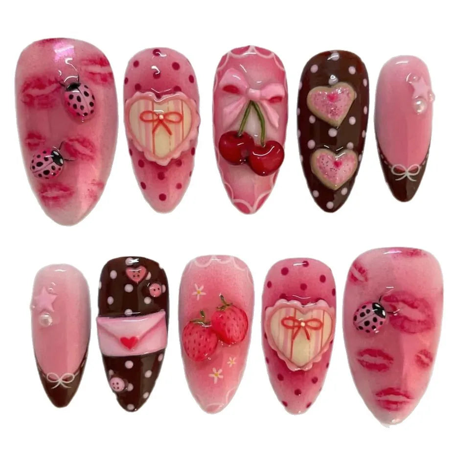 Cherry, Bow & Strawberry Blush Press-On Nails – Almond, 24 Pcs