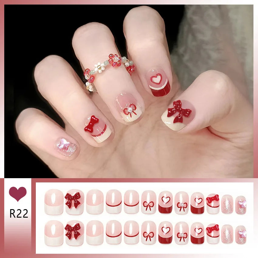 Bow & Heart Pattern Korean French Press-On Nails – Short Round, 24 Pcs