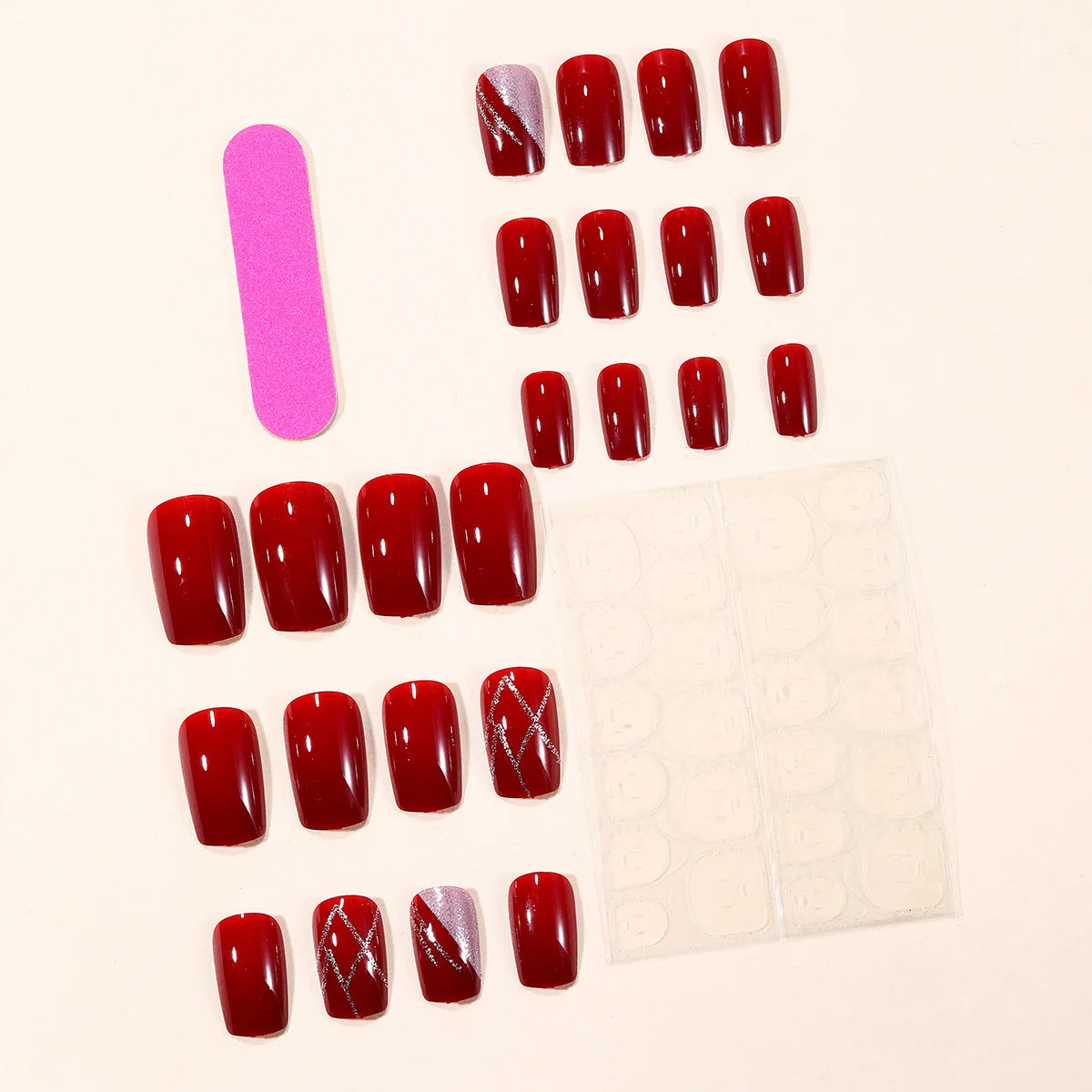 24pcs/set Medium fake nails for women girls New Year red with silver golden strips design french square tips press on false nail