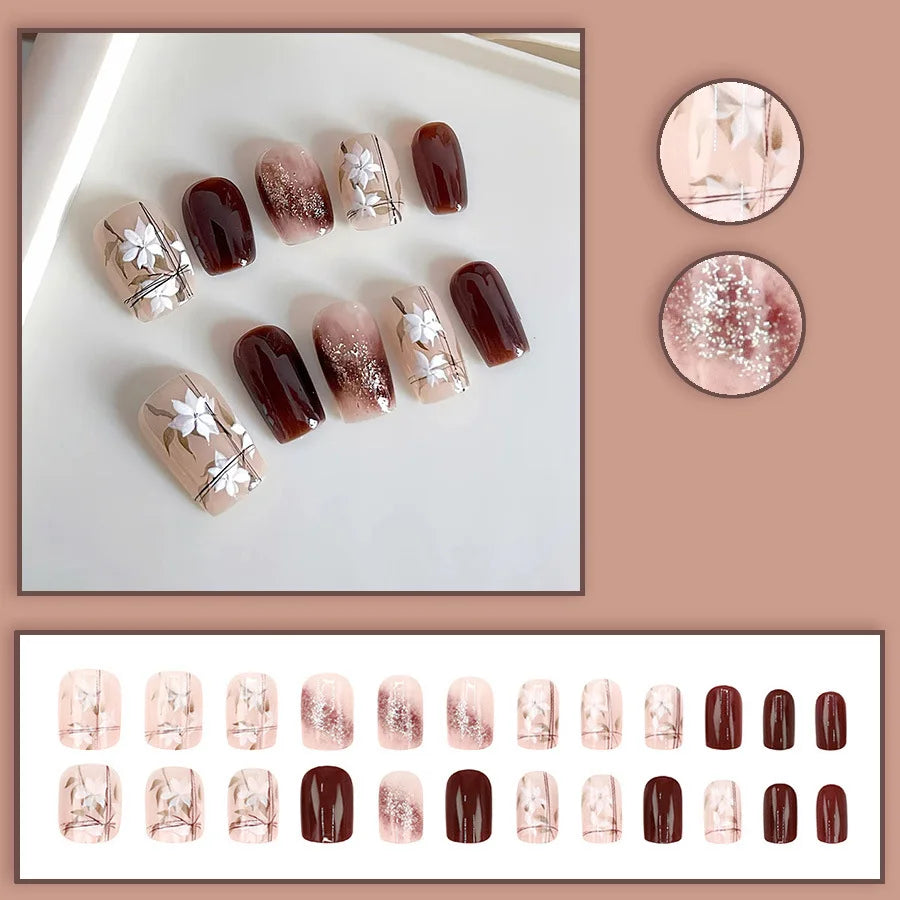 Short Medium fake nails for women girls gradient brown flowers leaf design full cover square ballet tips acrylic press on nails