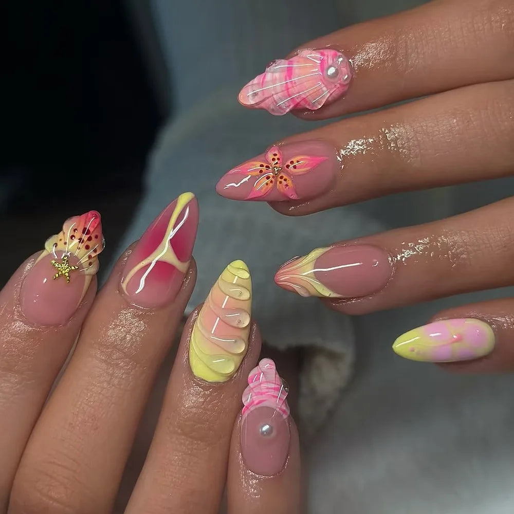 Tropical Hibiscus & Butterfly French Press-On Nails – Almond, 24 Pcs